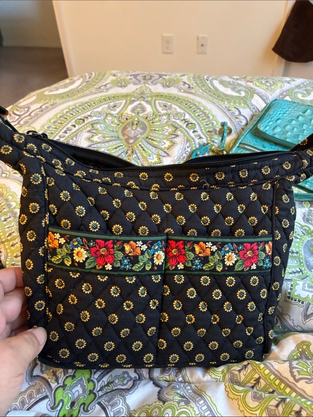 Quilted Black Floral-Trim Crossbody Bag with matching wallet by Vera Bradley